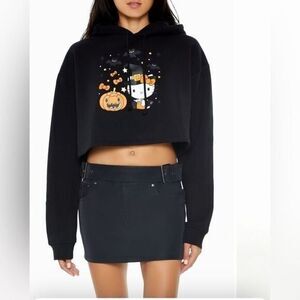 Hello Kitty x Forever 21 Halloween Cropped Hoodie Black With Pumpkin & Witch Hat